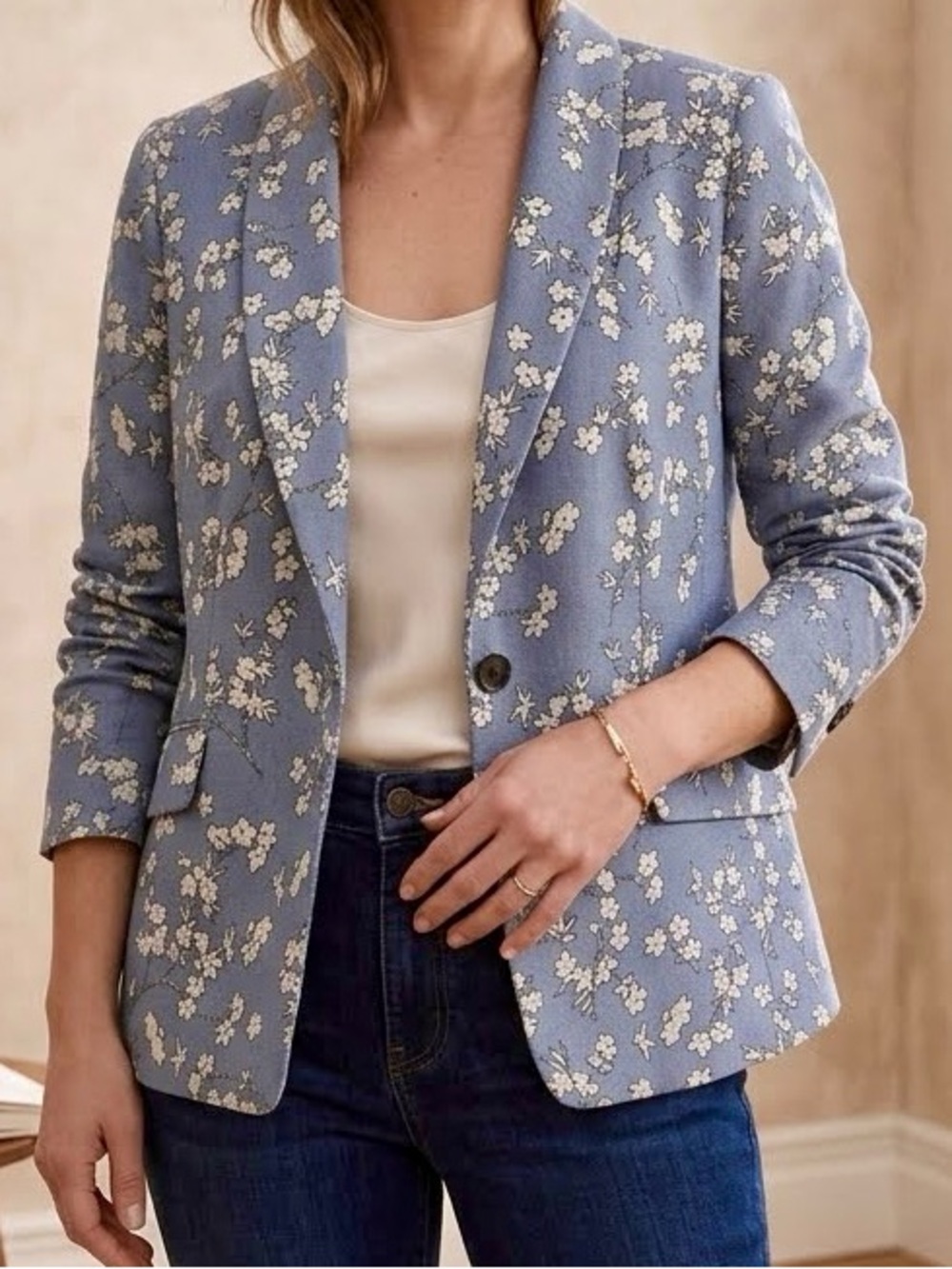Talbots Blazer Jacket Blue White Floral Single-Button Pockets 12P Tailored Lined